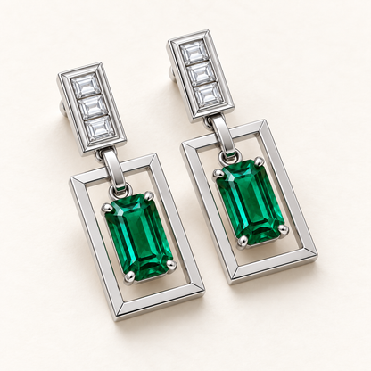 MISSISSI EM36 PORTAL lab-grown emerald diamond drop earrings, white metal angle; design visualization