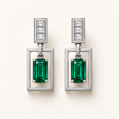 MISSISSI EM36 PORTAL lab-grown emerald diamond drop earrings, white metal hero; design visualization