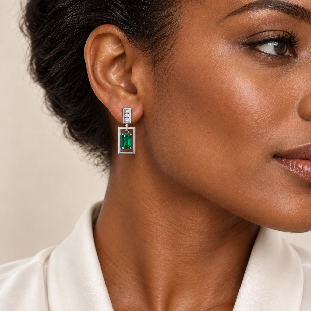 MISSISSI EM36 PORTAL emerald drop earrings, white metal model deep skin scale corrected; design visualization