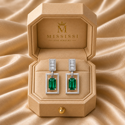 MISSISSI EM36 PORTAL lab-grown emerald diamond drop earrings, white metal packaging; design visualization