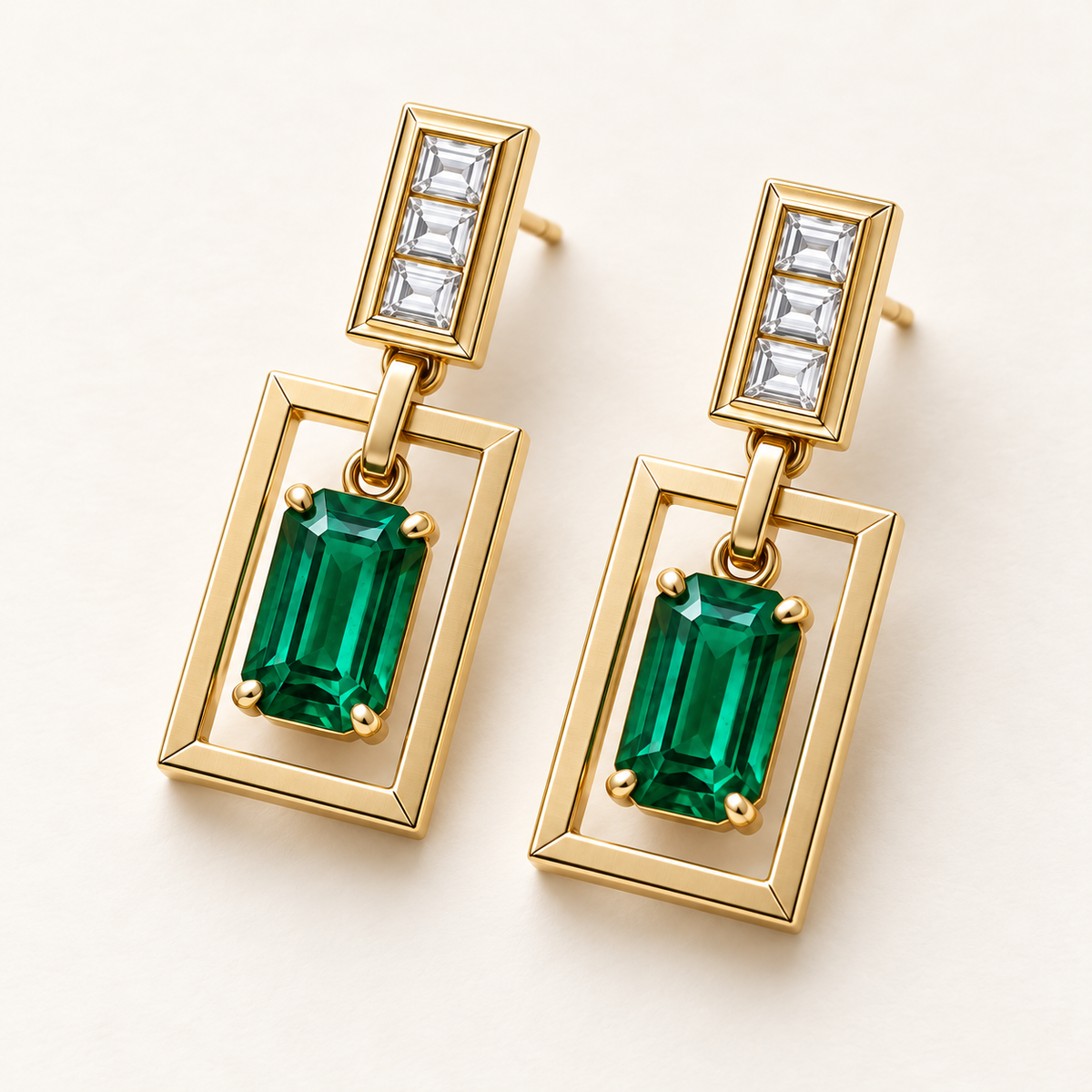 MISSISSI EM36 PORTAL lab-grown emerald diamond drop earrings, yellow gold angle; design visualization