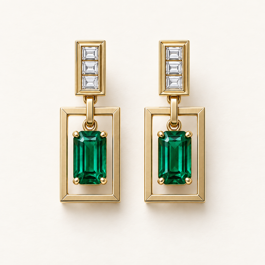 MISSISSI EM36 PORTAL lab-grown emerald and diamond earrings pair in yellow gold; design visualization.