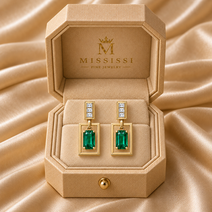 MISSISSI EM36 PORTAL lab-grown emerald diamond drop earrings, yellow gold packaging; design visualization