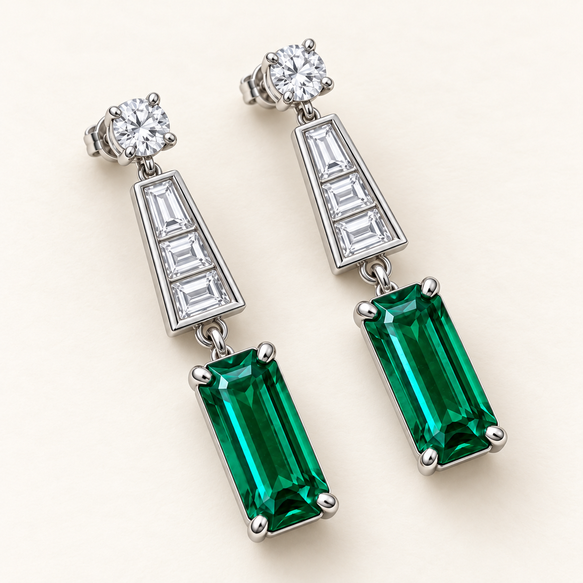 MISSISSI EM40 COLONNADE lab-grown emerald diamond drop earrings, white metal angle; design visualization