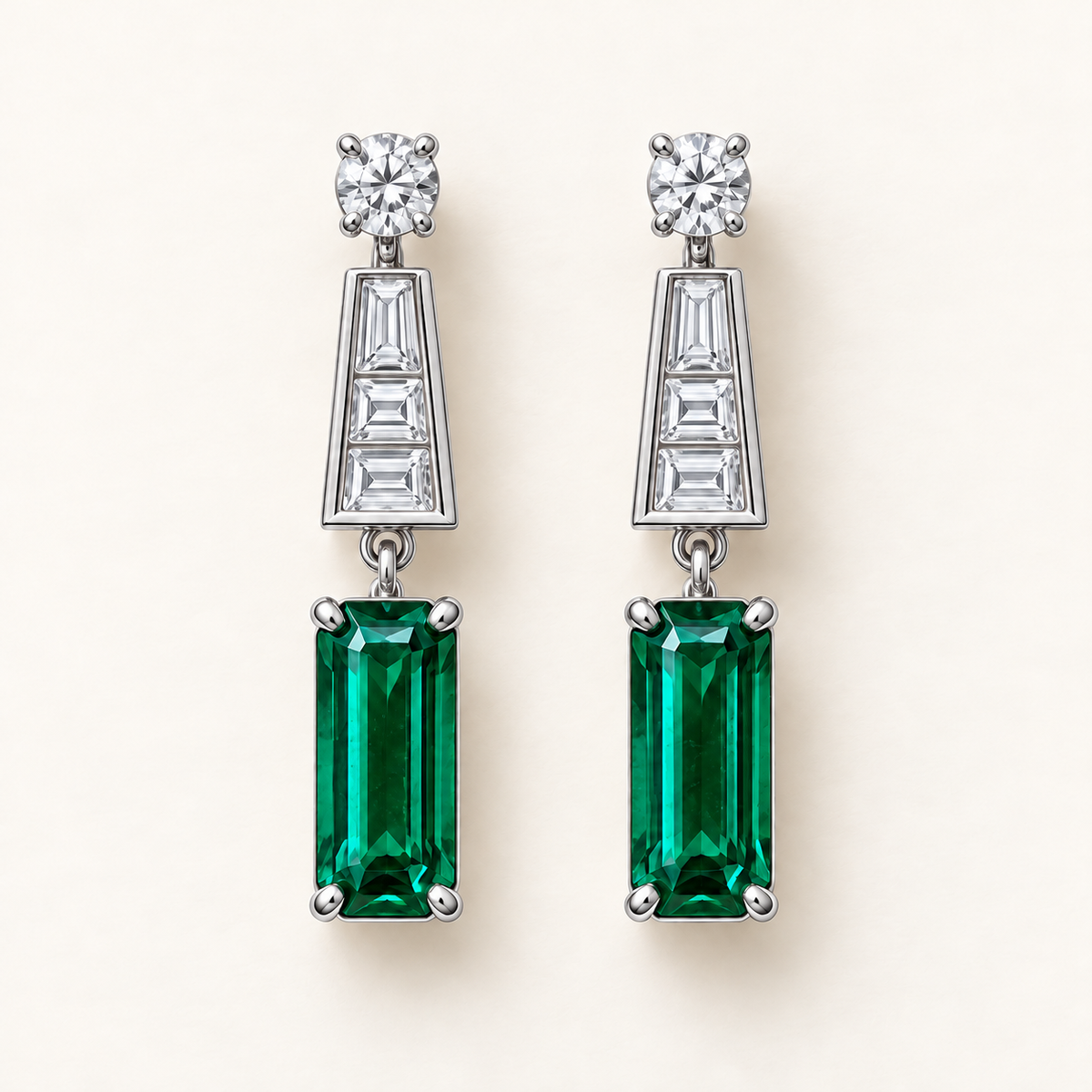 MISSISSI EM40 COLONNADE lab-grown emerald diamond drop earrings, white metal hero; design visualization