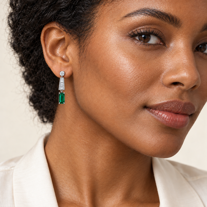 MISSISSI EM40 COLONNADE emerald diamond drop earrings, white metal model deep skin scale corrected; design visualization