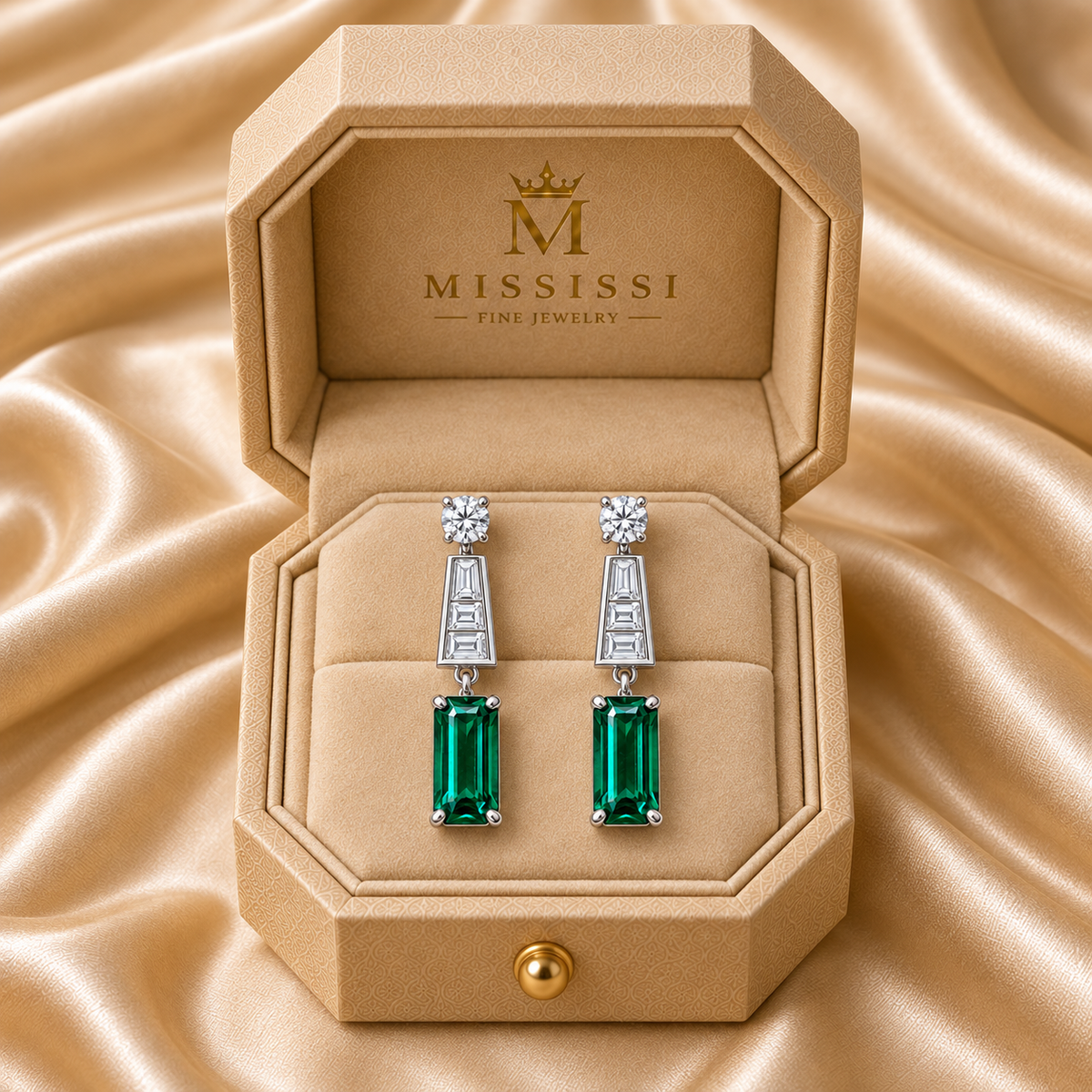 MISSISSI EM40 COLONNADE lab-grown emerald diamond drop earrings, white metal packaging; design visualization