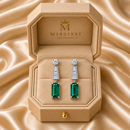 MISSISSI EM40 COLONNADE lab-grown emerald diamond drop earrings, white metal packaging; design visualization