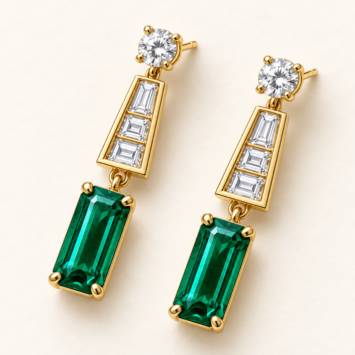 MISSISSI EM40 COLONNADE lab-grown emerald diamond drop earrings, yellow gold angle; design visualization