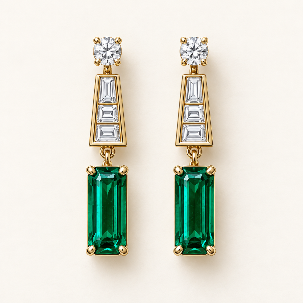 MISSISSI EM40 COLONNADE lab-grown emerald and diamond earrings pair in yellow gold; design visualization.