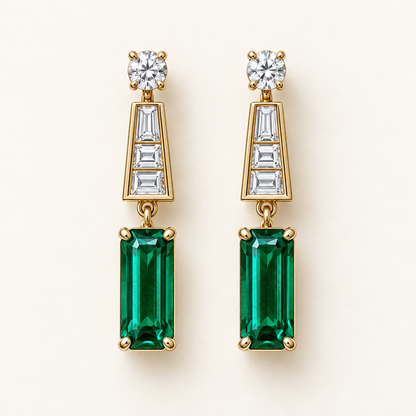 MISSISSI EM40 COLONNADE lab-grown emerald and diamond earrings pair in yellow gold; design visualization.