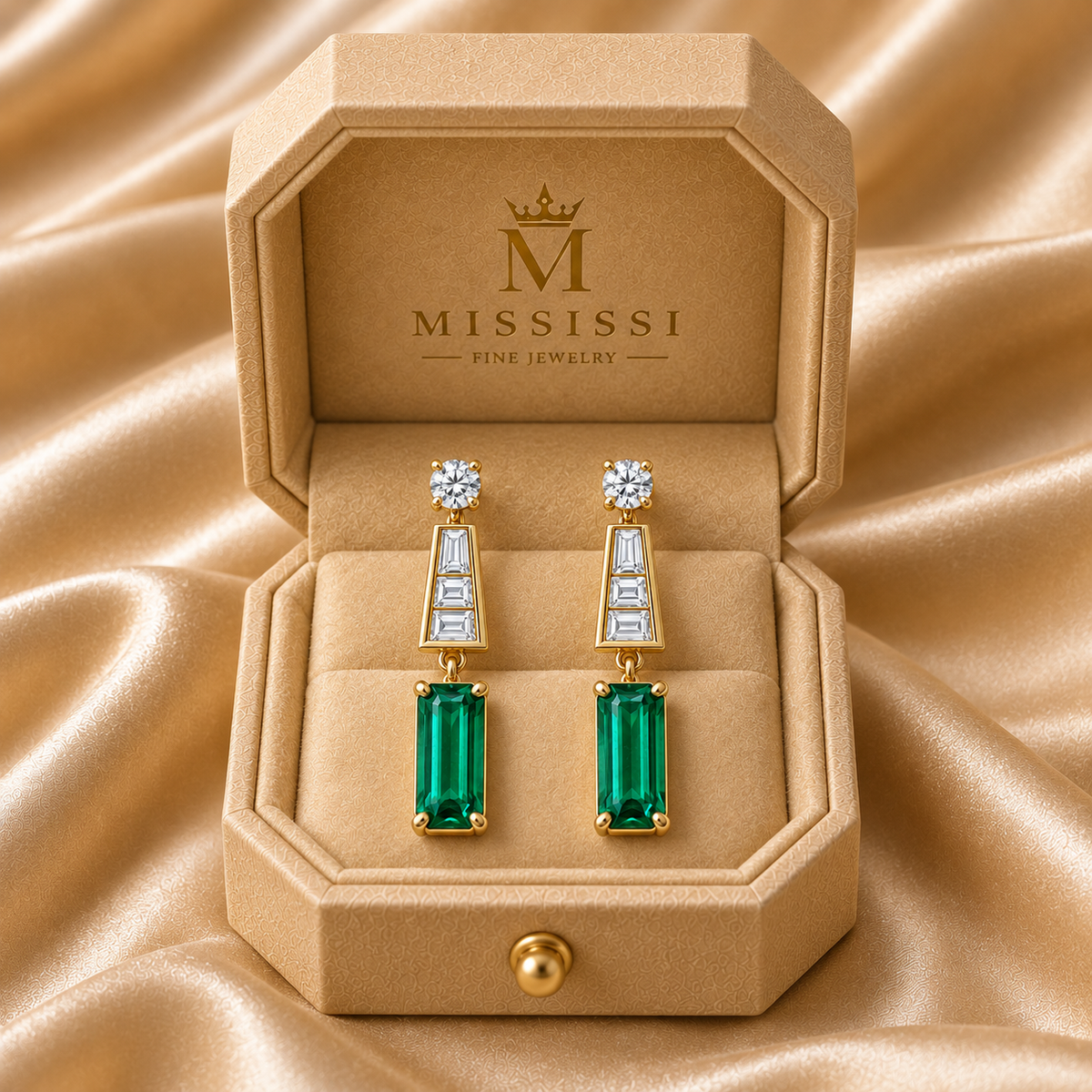 MISSISSI EM40 COLONNADE lab-grown emerald diamond drop earrings, yellow gold packaging; design visualization