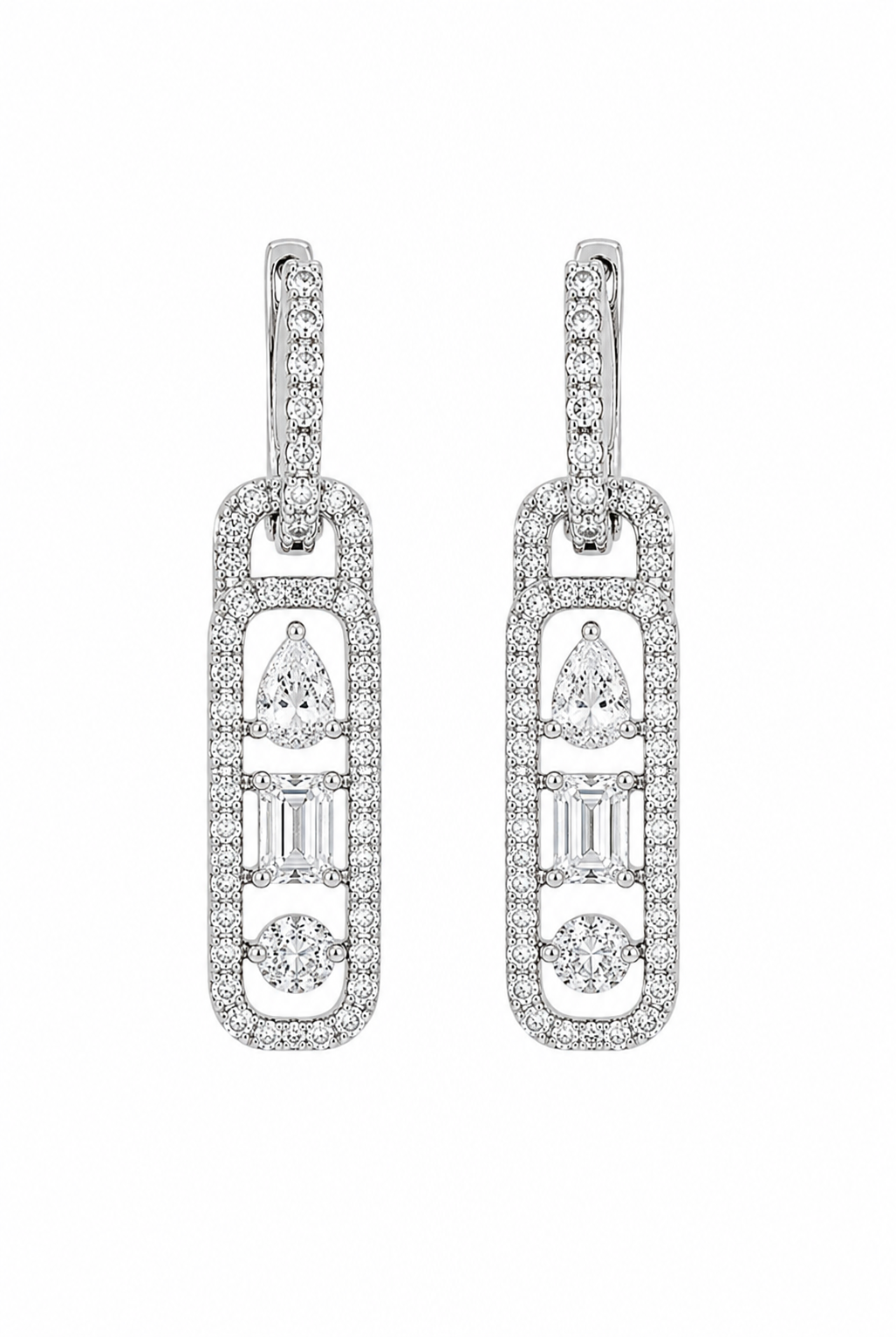 Multi-Shape Diamond Drop Earrings – Pear, Emerald & Round Cut Pavé Link Design