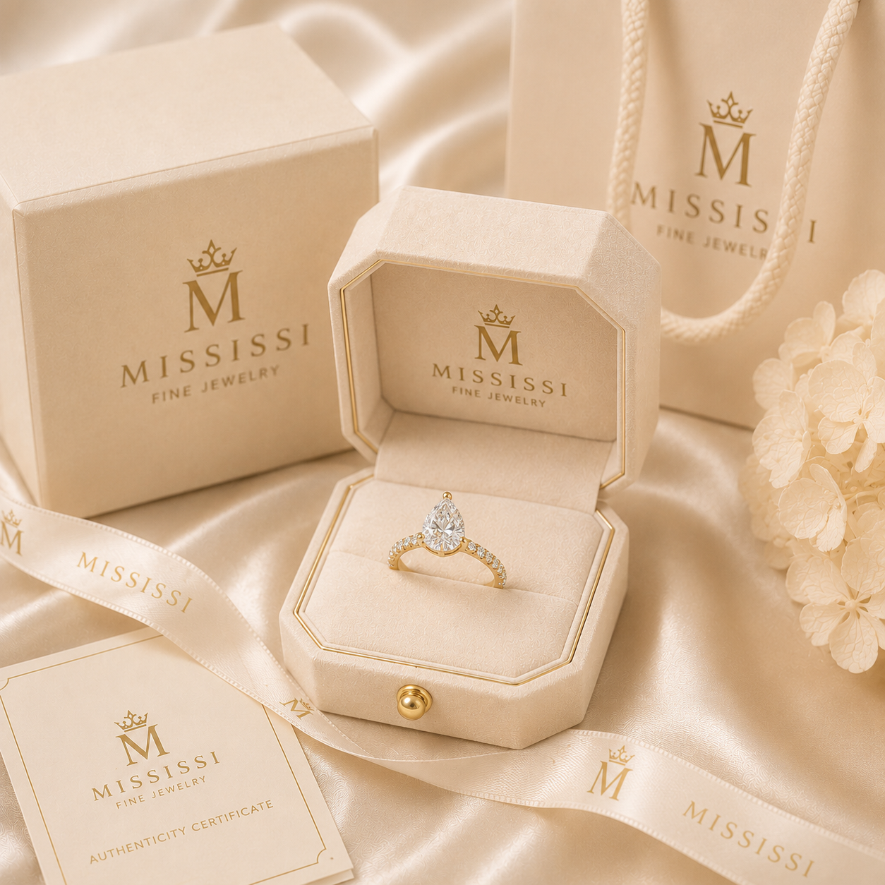 3 Carat Pear-Shaped Lab-Grown Diamond Engagement Ring, D/VVS, 14K Gold Pavé Band