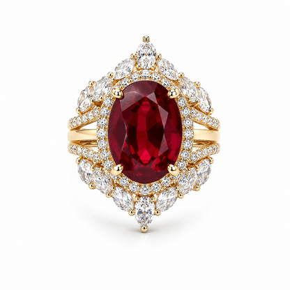 6 Carat Pigeon Blood Ruby Bridal Ring Set | 3 Piece Lab Grown Ruby & Diamond Engagement Ring | 14K & 18K Gold | MISSISSI Jewelry