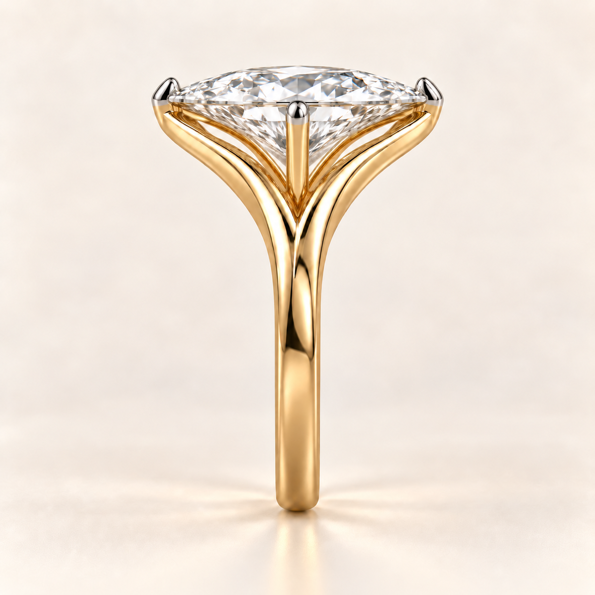 AI design visualization of Flowcrest Marquise Lab-Grown Diamond Ring, four-prong setting, side view