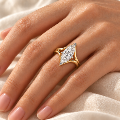 AI design visualization of Flowcrest Marquise Lab-Grown Diamond Ring, four-prong setting, wearing view
