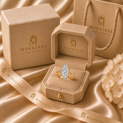 AI design visualization of Flowcrest Marquise Lab-Grown Diamond Ring, four-prong setting, packaging view