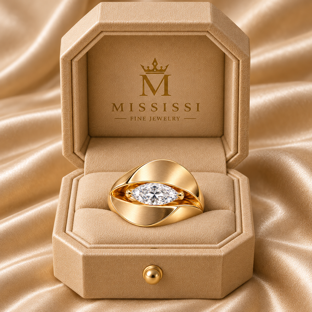 Eclipse FX01 marquise lab-grown diamond ring in the official champagne-beige cut-corner MISSISSI box, design visualization