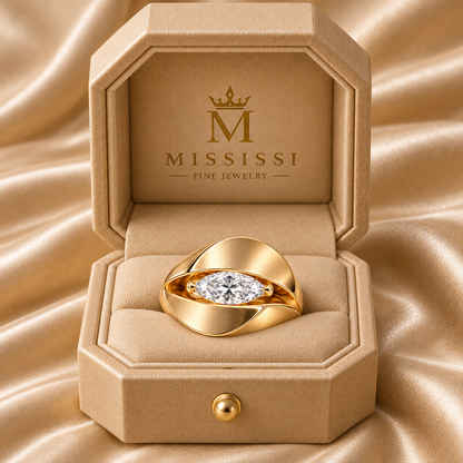 Eclipse FX01 marquise lab-grown diamond ring in the official champagne-beige cut-corner MISSISSI box, design visualization