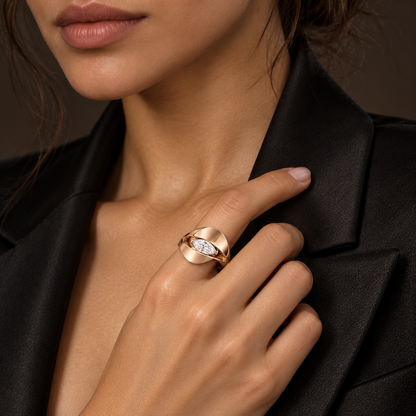 Eclipse pale rose-gold marquise diamond ring shown on a hand resting on a black jacket lapel, design visualization.