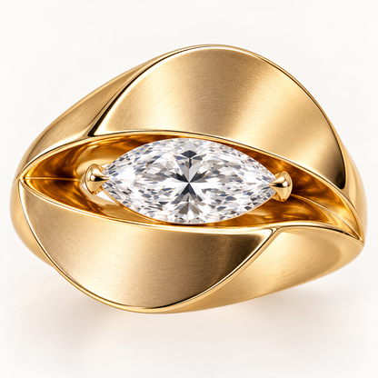 Design visualization of the Eclipse ring in yellow gold, with an east-west marquise diamond between satin-finished sculptural sweeps.