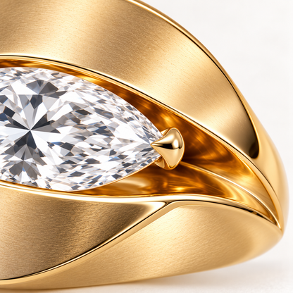 Close-up design visualization of the Eclipse ring's marquise diamond tip, polished gold prong and satin-finished sweep.
