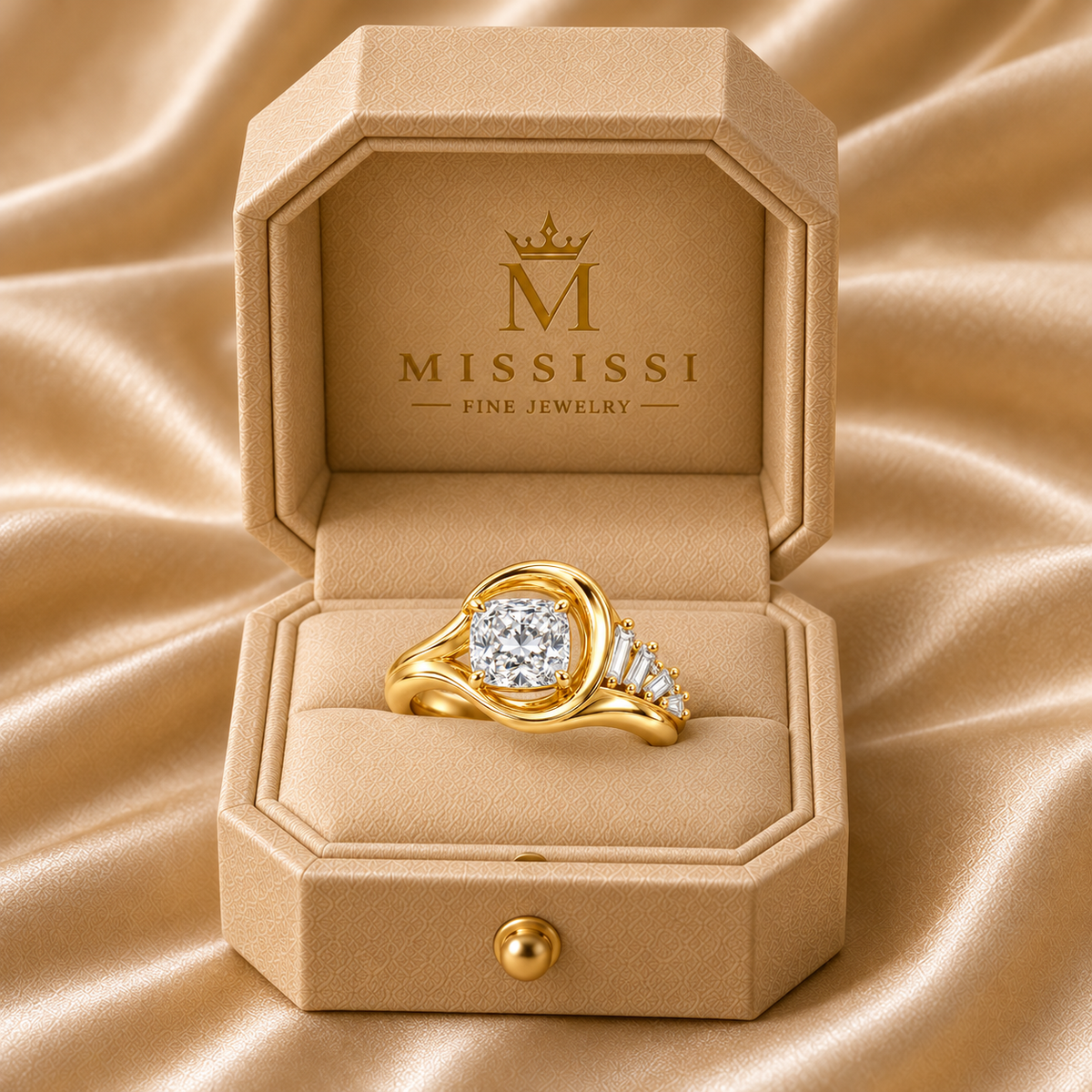 Tidal FX02 cushion lab-grown diamond ring in the official champagne-beige cut-corner MISSISSI box, design visualization