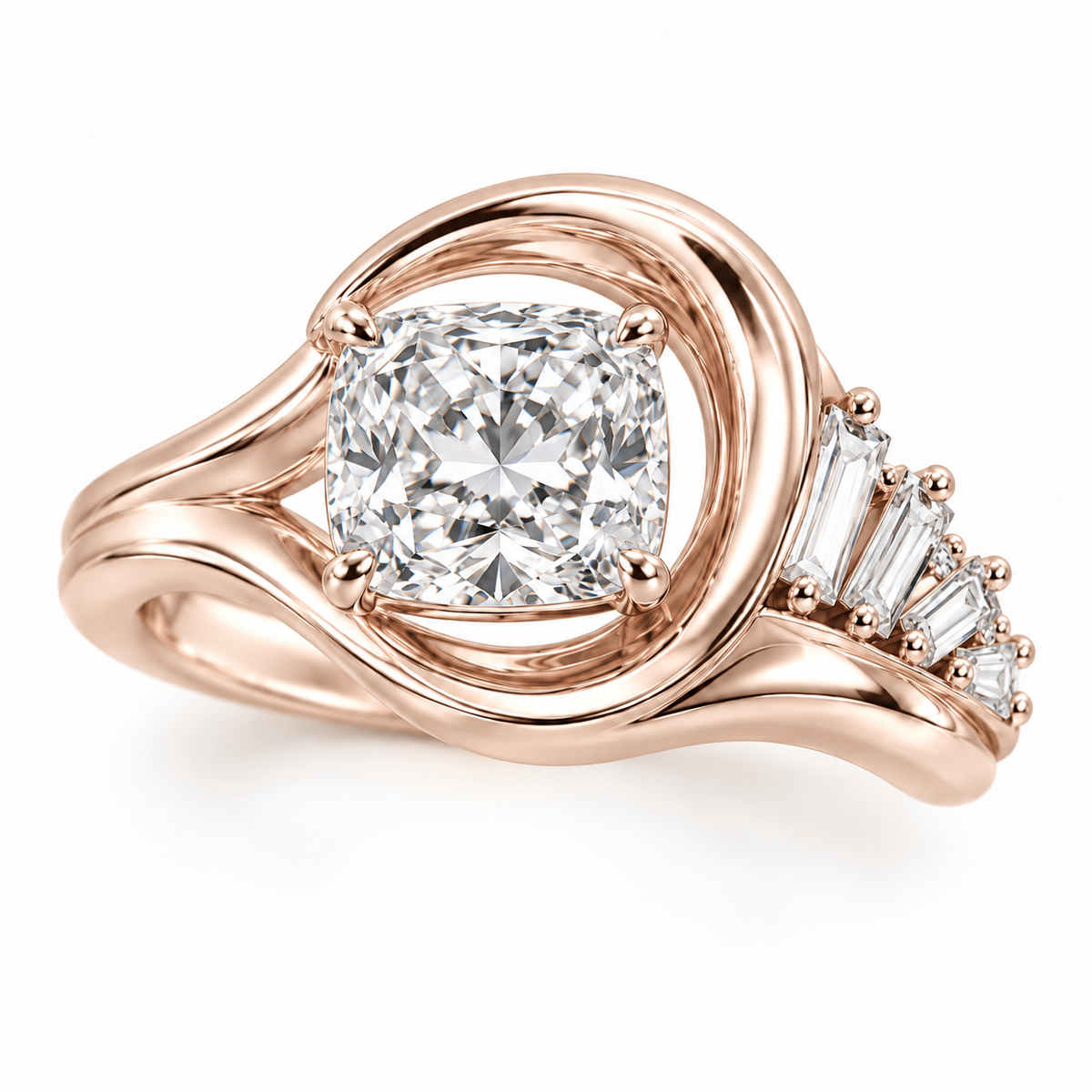 Tidal cushion diamond wave ring in pale champagne rose gold, design visualization.