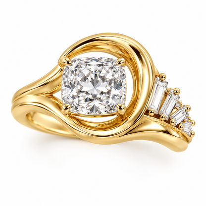 Tidal cushion diamond ring in yellow gold with curling wave loops and a graduated baguette fan, design visualization.
