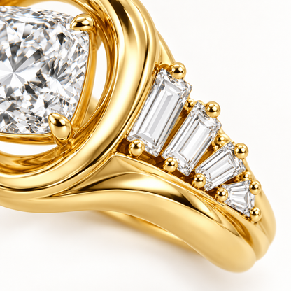 Detail of the Tidal ring’s step-cut baguette fan, polished wave and cushion center prongs, design visualization.