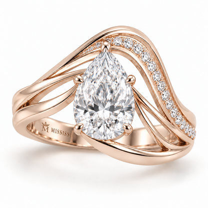 MISSISSI Aerial pear lab-grown diamond open-arc ring in pale rose gold with inner crown-M engraving; design visualization