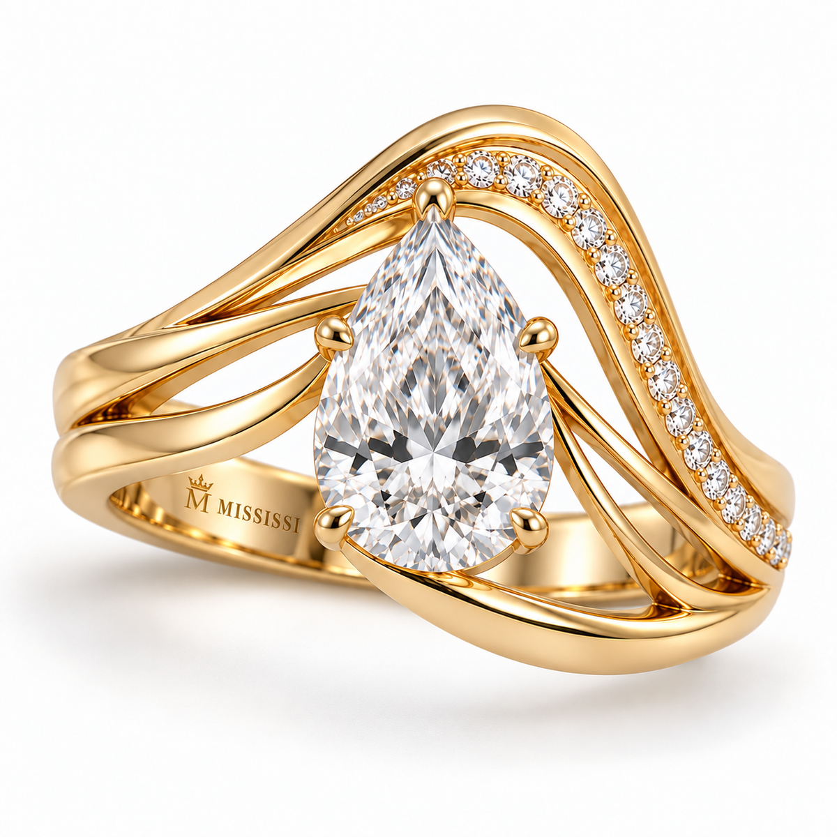 MISSISSI Aerial pear lab-grown diamond arc ring, yellow gold, angled view with recessed inner crown-M engraving; design visualization