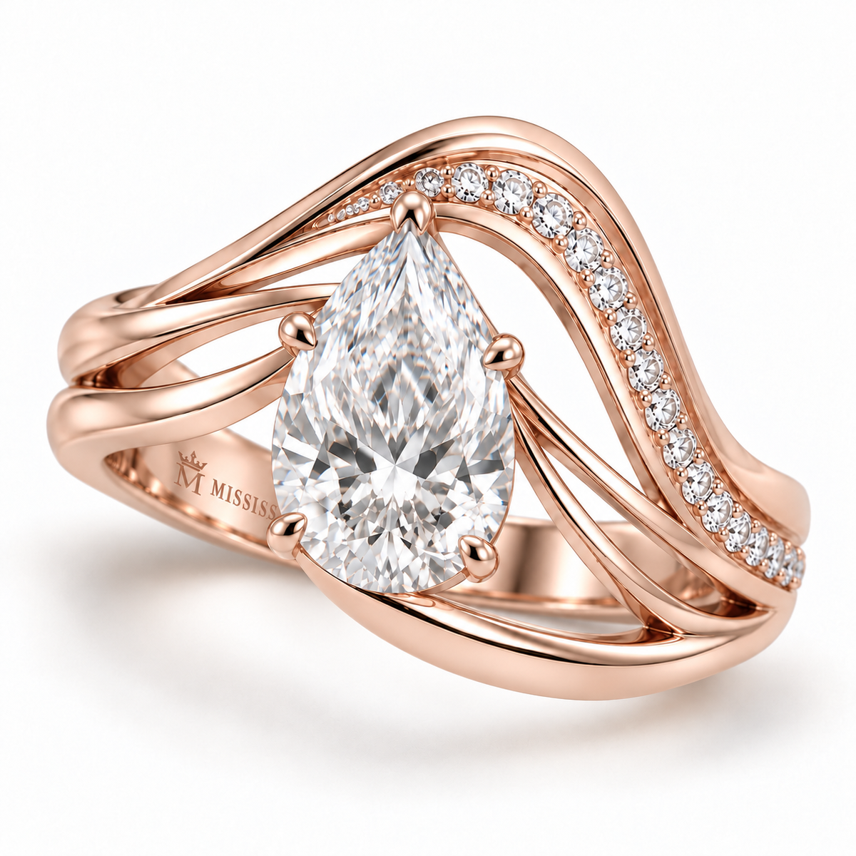 MISSISSI Aerial pear lab-grown diamond arc ring, pale rose gold, angled view with recessed inner crown-M engraving; design visualization