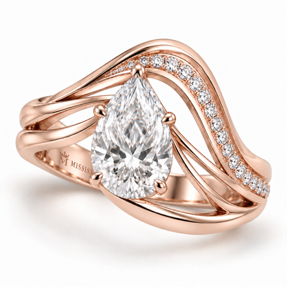 MISSISSI Aerial pear lab-grown diamond arc ring, pale rose gold, angled view with recessed inner crown-M engraving; design visualization