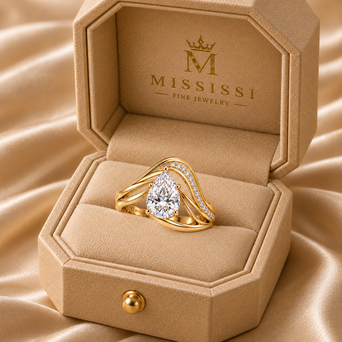 MISSISSI Aerial pear lab-grown diamond arc ring, yellow gold, official champagne octagonal ring box; design visualization