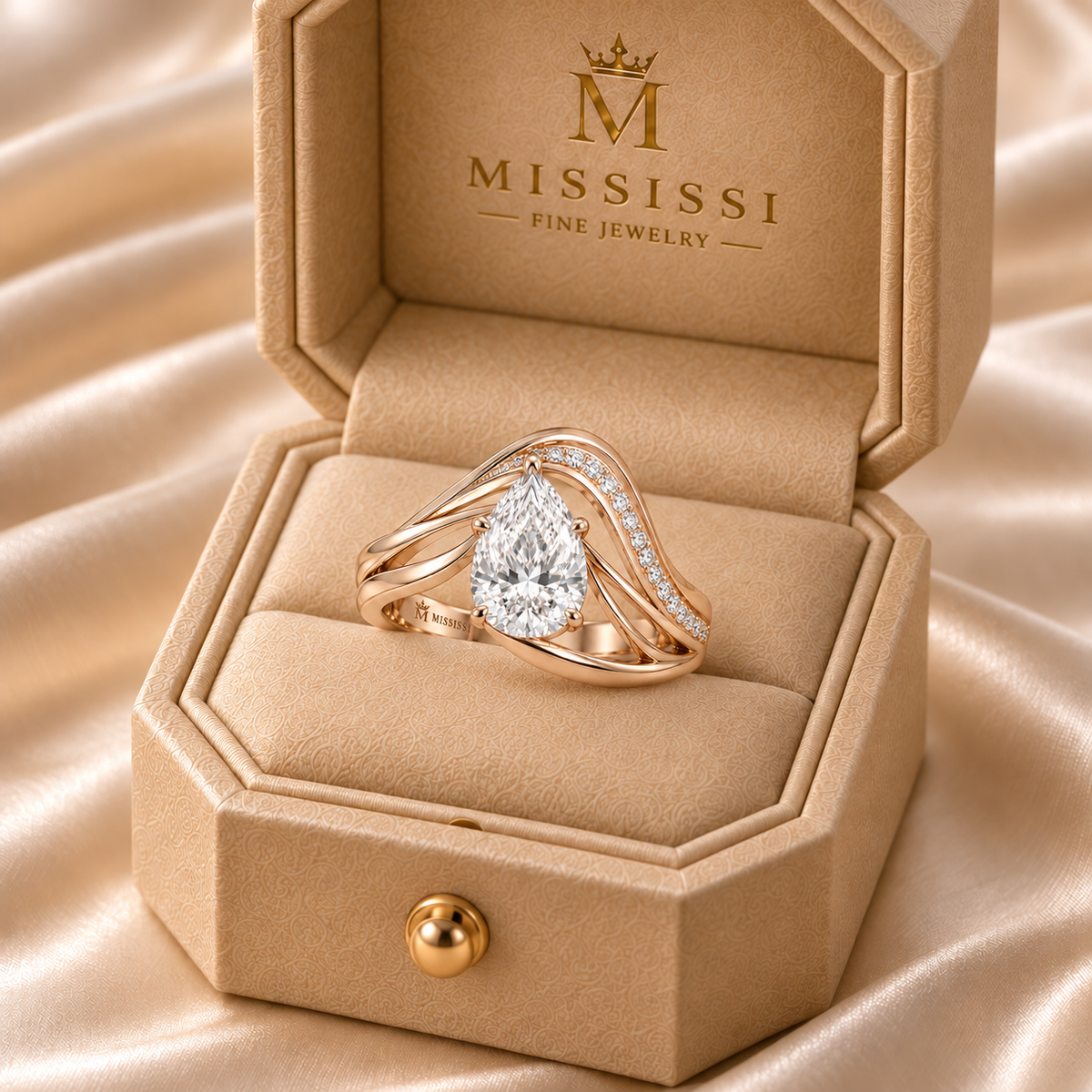 MISSISSI Aerial pear lab-grown diamond arc ring, pale rose gold, official champagne octagonal ring box; design visualization