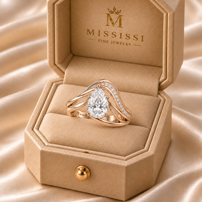 MISSISSI Aerial pear lab-grown diamond arc ring, pale rose gold, official champagne octagonal ring box; design visualization