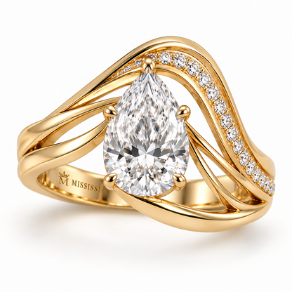 MISSISSI Aerial pear lab-grown diamond arc ring in yellow gold with recessed inner crown-M engraving; design visualization