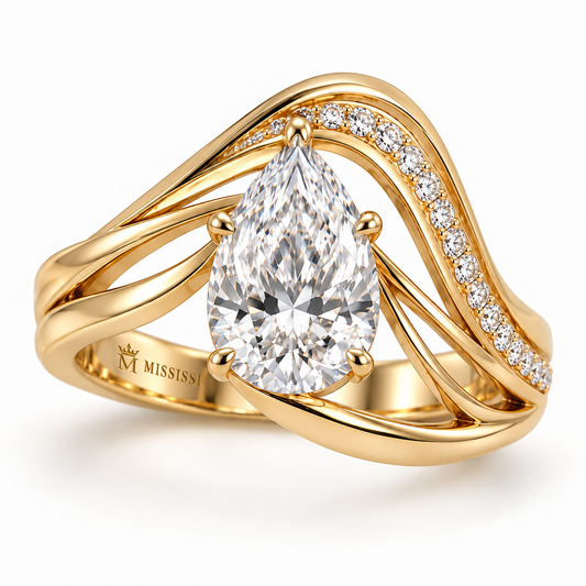MISSISSI Aerial pear lab-grown diamond arc ring in yellow gold with recessed inner crown-M engraving; design visualization
