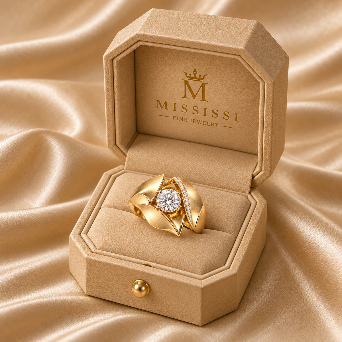 Petal Vault FX05 round lab-grown diamond ring in the official champagne-beige cut-corner MISSISSI box, design visualization