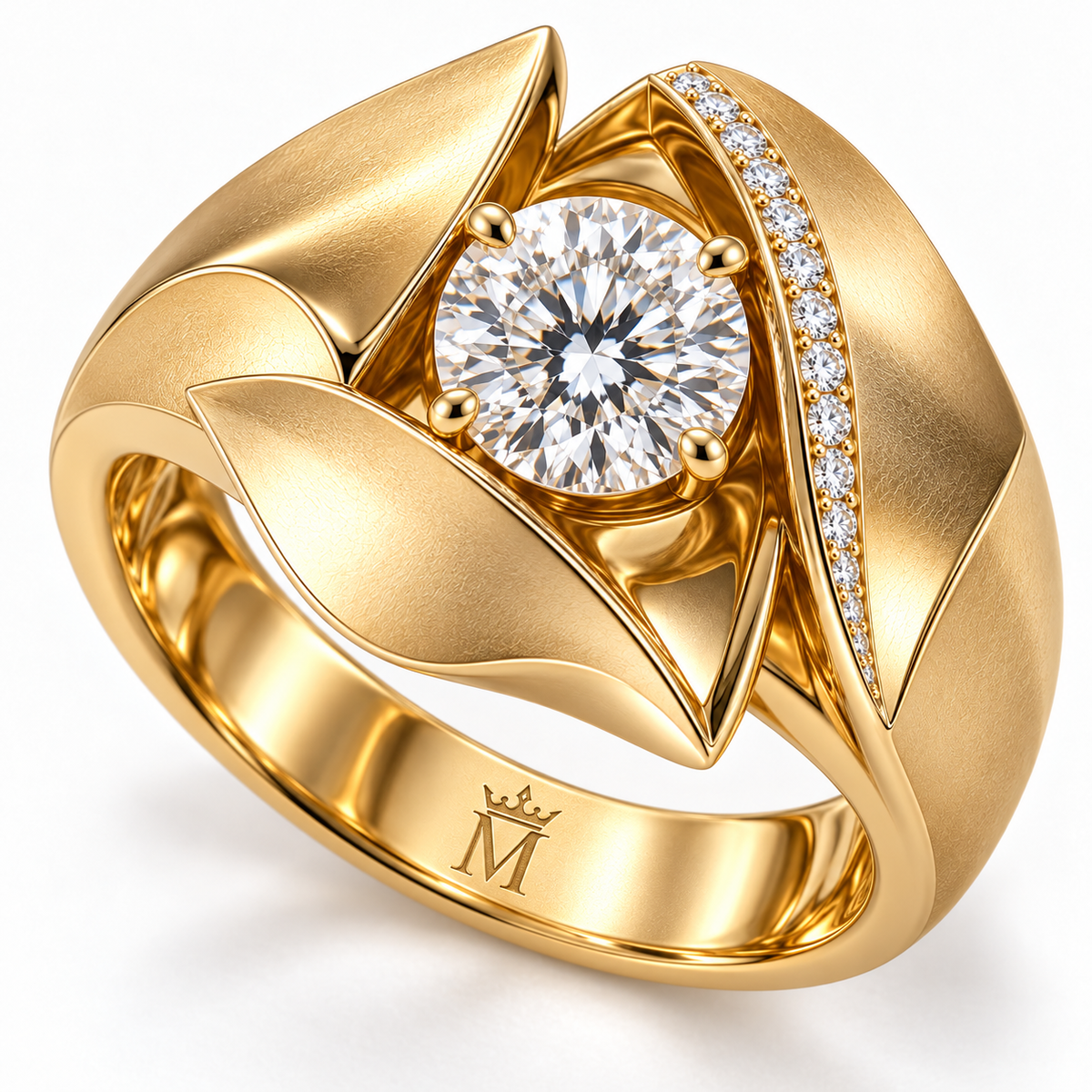 Petal Vault FX05 ring with the official MISSISSI crown-M engraving inside the band, design visualization