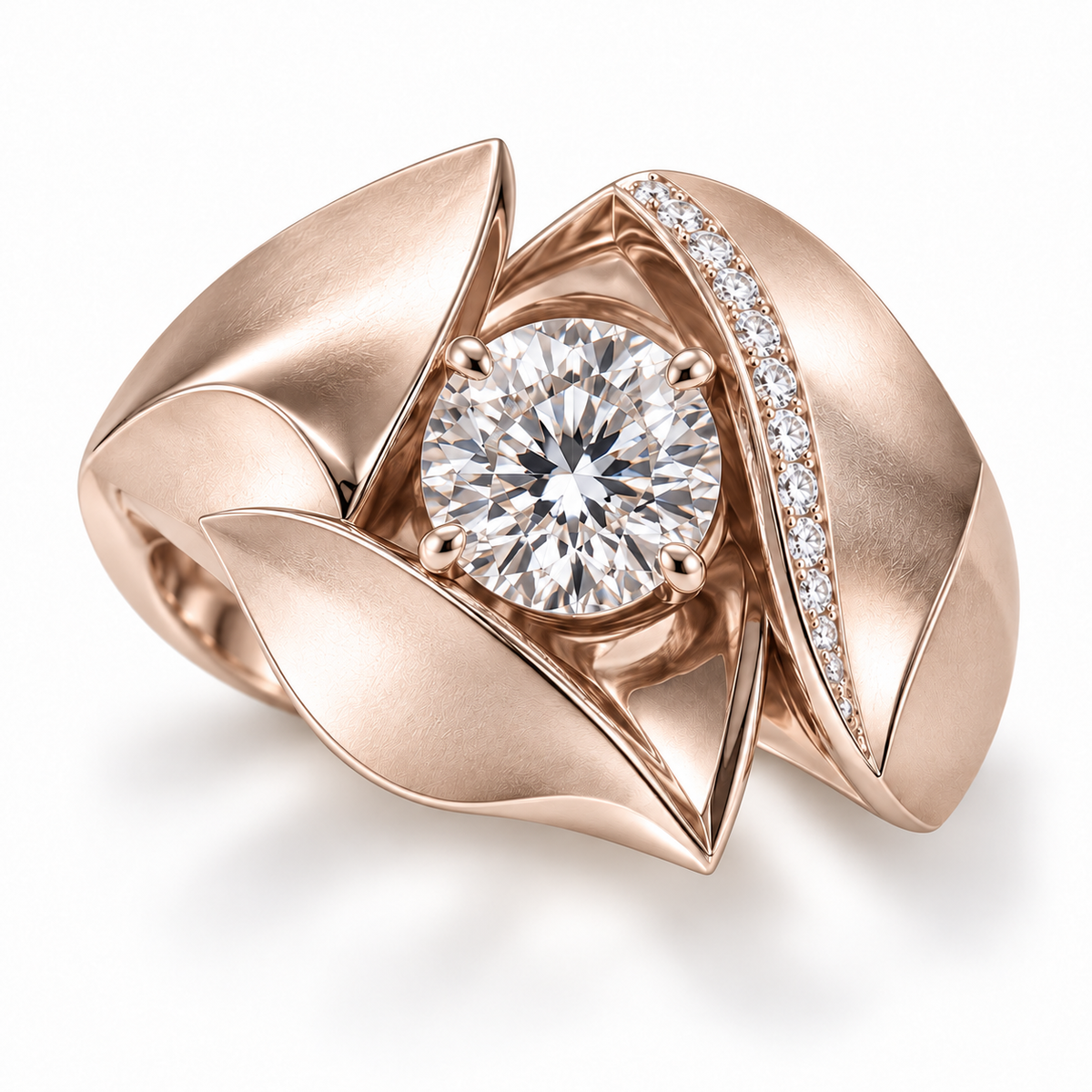 Petal Vault sculptural diamond ring in pale champagne rose gold, design visualization.
