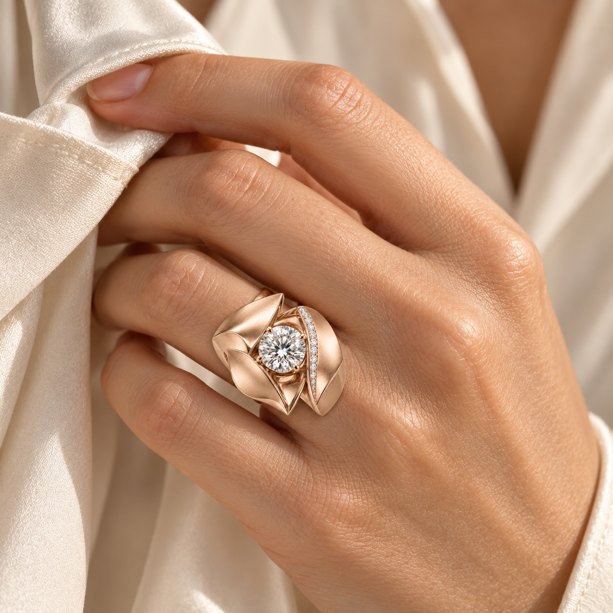 Petal Vault pale rose-gold diamond ring on a hand holding ivory blouse fabric, design visualization.