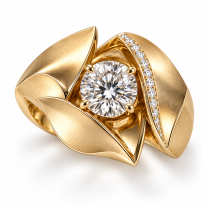 Petal Vault round diamond ring in yellow gold, with satin folded petals and one pavé ridge, design visualization.