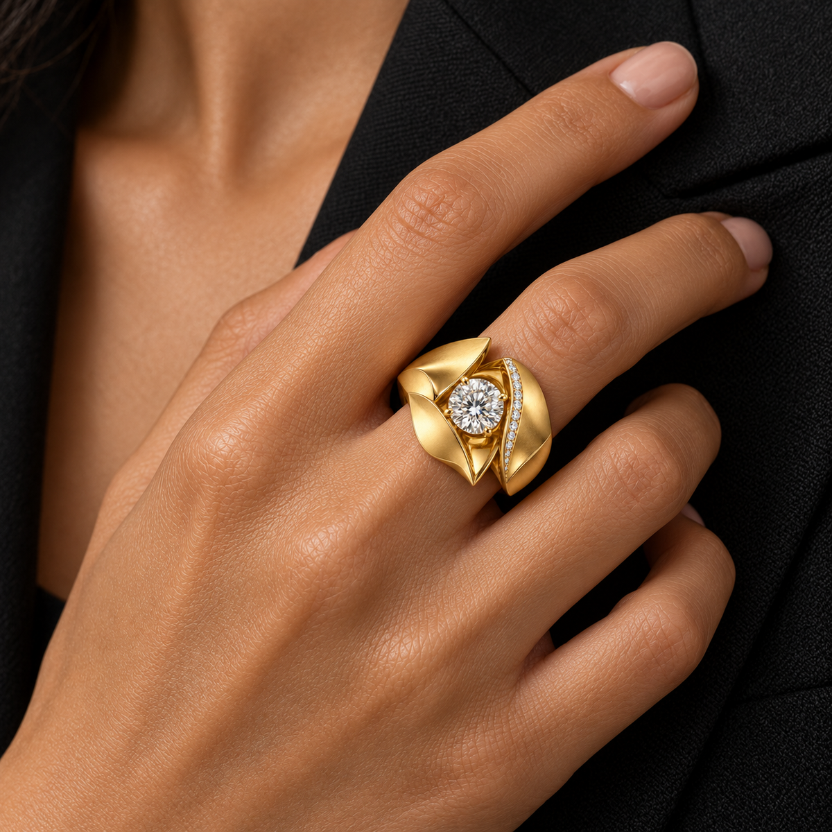 Petal Vault yellow-gold diamond ring worn on a hand resting on a black jacket lapel, design visualization.