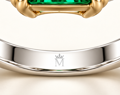 MISSISSI GE26-R01 lab-grown emerald ring, official inner engraving detail. Design visualization.