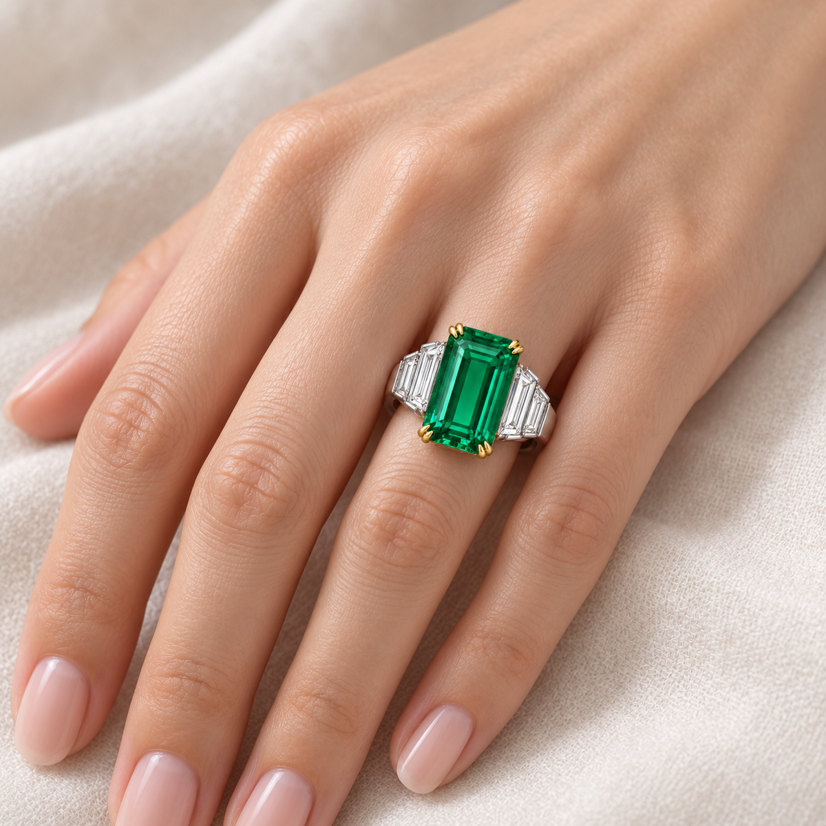 MISSISSI GE26-R01 lab-grown emerald ring, worn on a hand. Design visualization.