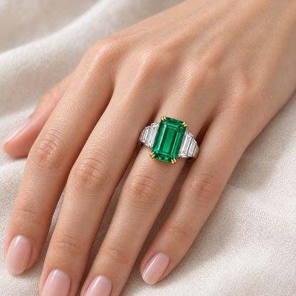 MISSISSI GE26-R01 lab-grown emerald ring, worn on a hand. Design visualization.