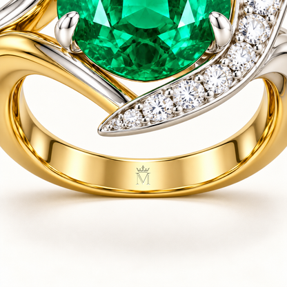 MISSISSI GE26-R04 lab-grown emerald ring, official inner engraving detail. Design visualization.